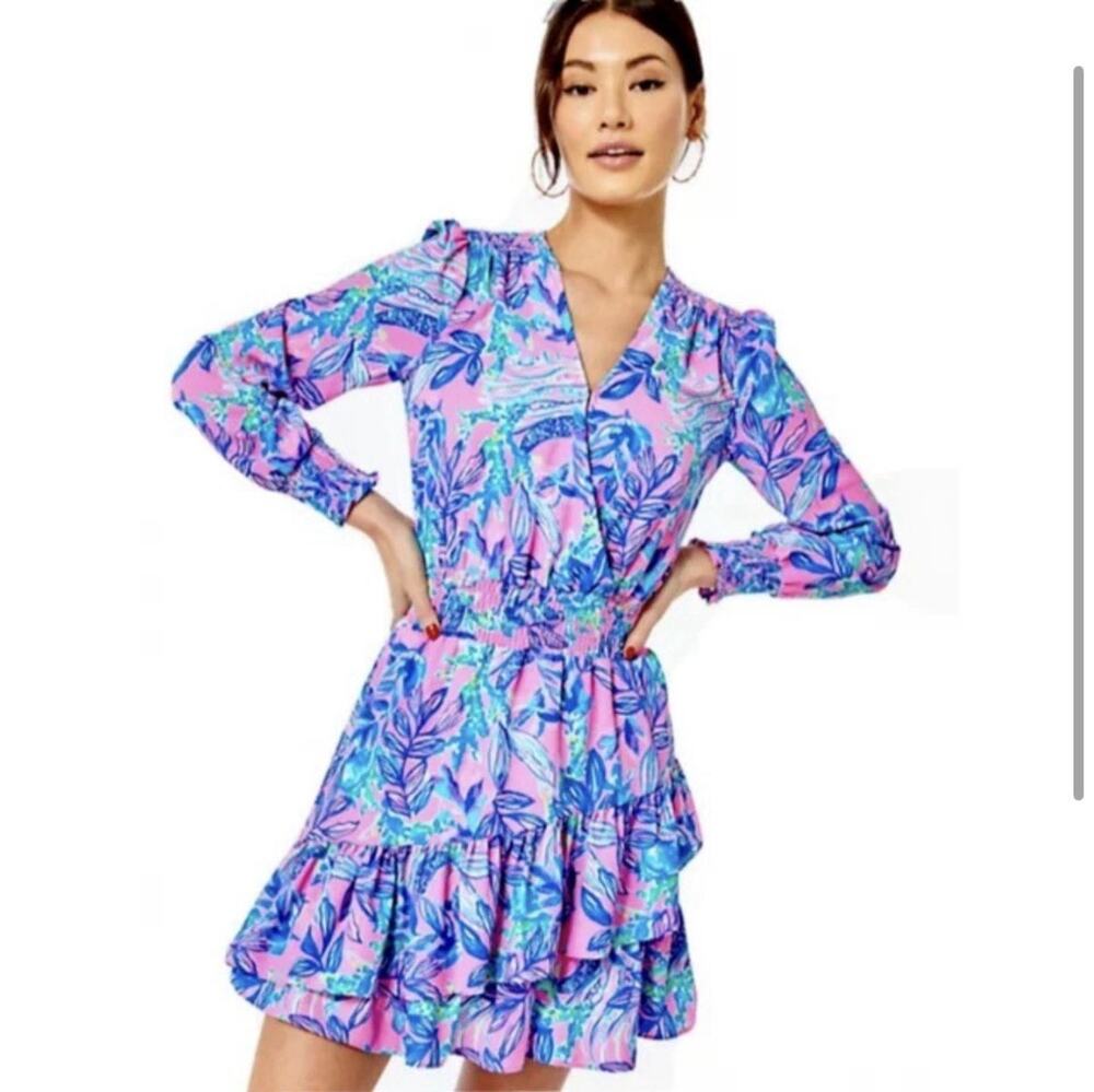 Lilly Pulitzer Cristiana long Sleeve Floral Ruffle Mini Dress Smocked Size 0 Z12